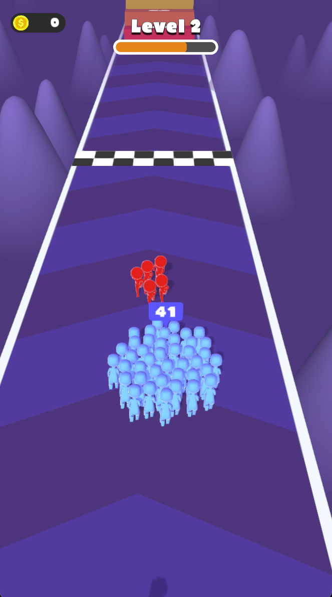 Level 2 shows a blue crowd of 41 approaching a red enemy group. Watch the crowd counter and prepare before reaching an encounter.