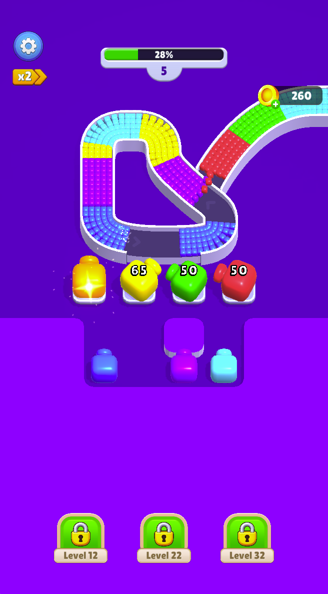 Level 5: all four slots are occupied while more shooters wait below. Consider the colors still on the track when planning your next selection.