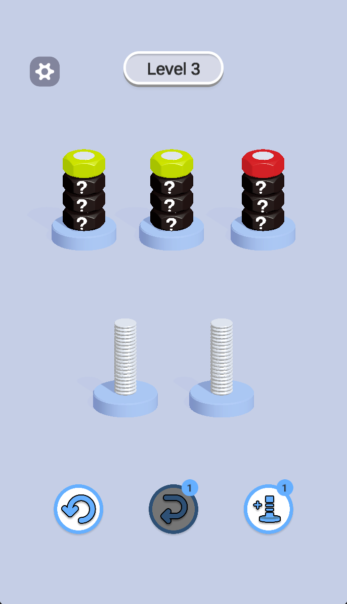Level 3 begins with visible top nuts, question-mark nuts below and two empty bolts. Keep temporary space available while uncovering the hidden colors.