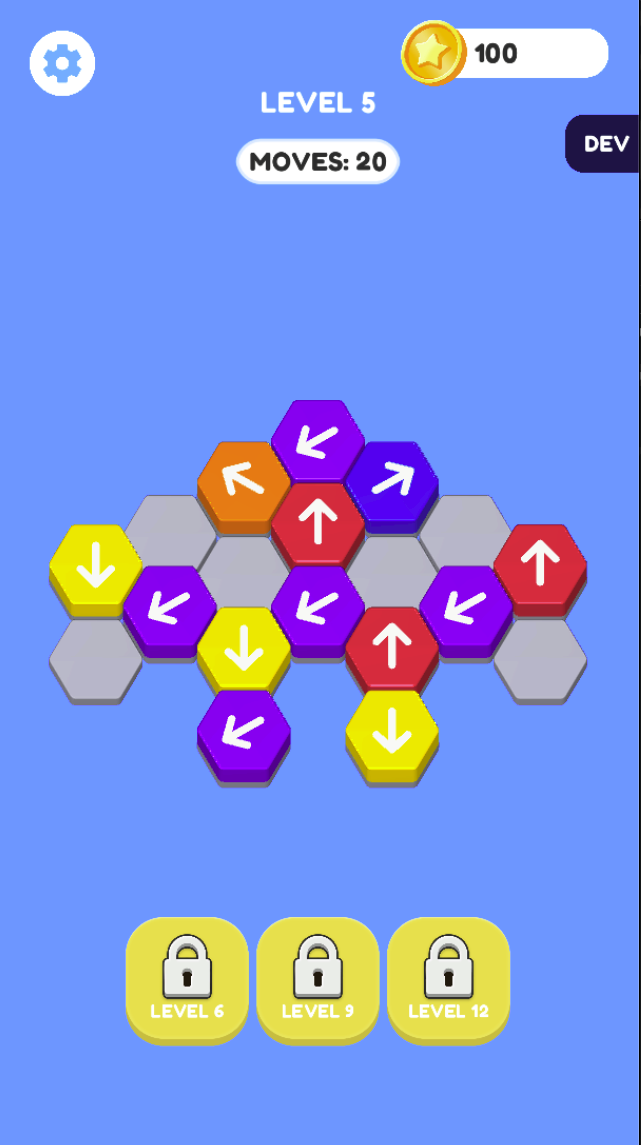 Level 5 shows a hexagonal arrow-tile puzzle with 20 moves. Trace each arrow’s route and identify which pieces must move first.