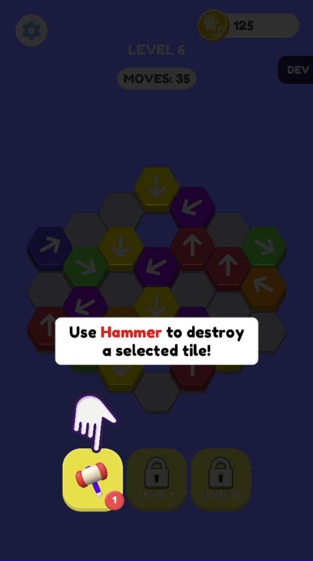 The Level 6 tutorial explicitly introduces the Hammer: use it to destroy a selected tile. Check the remaining tool count before spending it on a blocker.