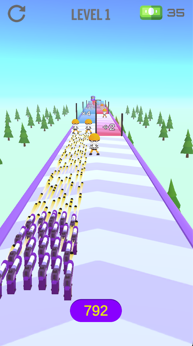 The run includes division gates as well as addition and multiplication. Look beyond the nearest target and plan the next gate before crossing it.